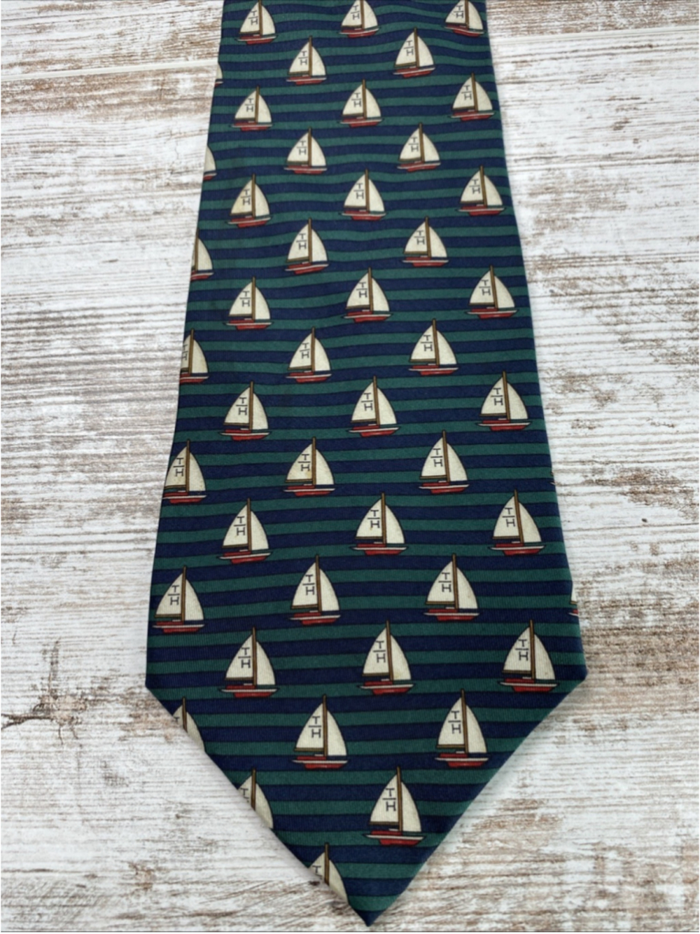 Tommy Hilfiger Sailboat Necktie Green Blue Nautical Silk Tie Vintage